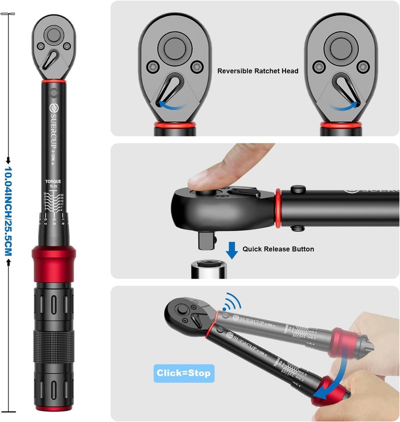 SUERCUP 1/4-Inch Drive Click Torque Wrench, 18 PCS Bike Torque Wrench Set 3-25Nm, Dual-Direction Adjustable 72 Tooth Click Torque Wrench, Used for Bicycle Maintenance - Image 5